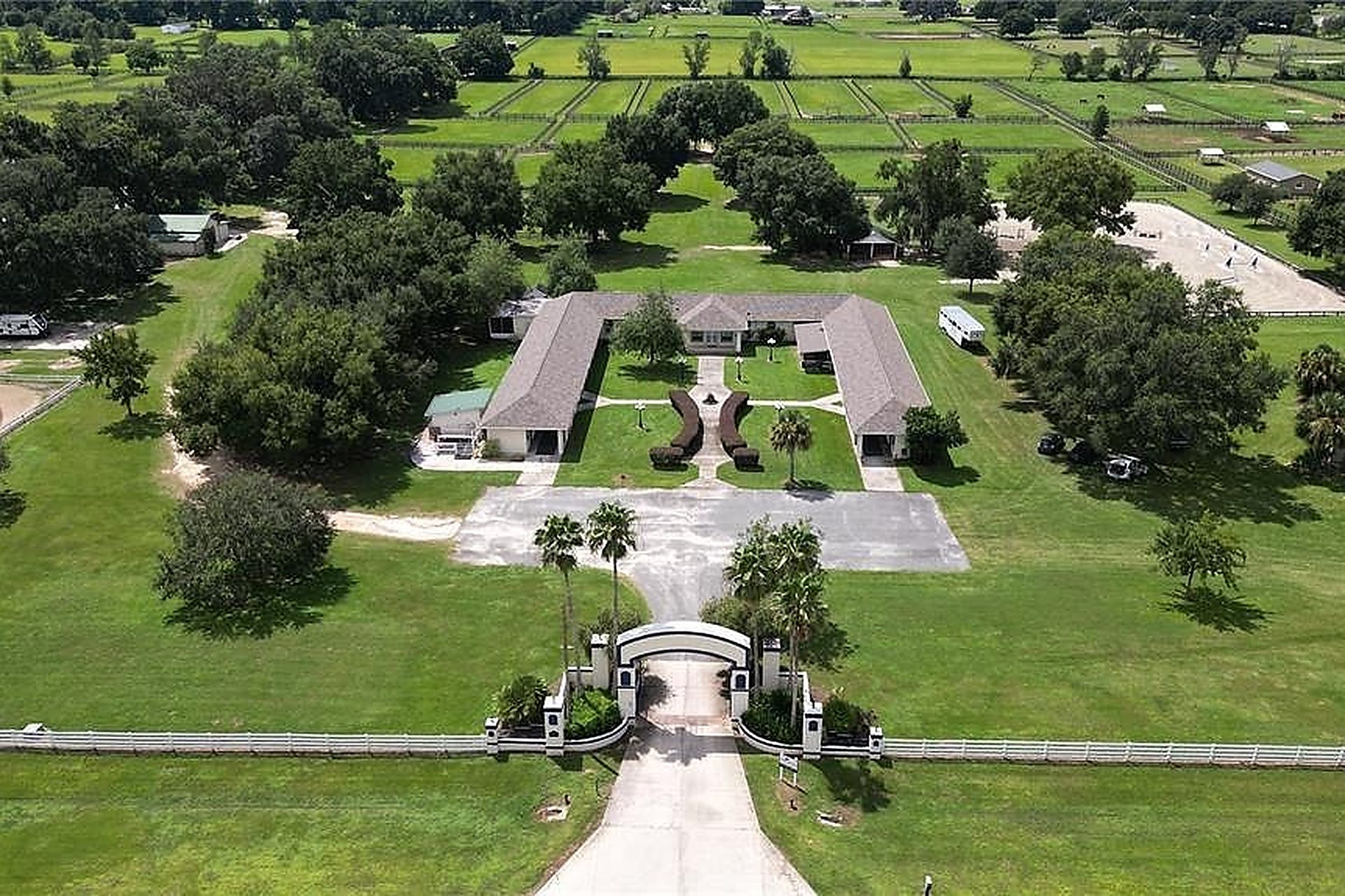 Aerial view of the gated entrance and grounds at Ashby Equestrian